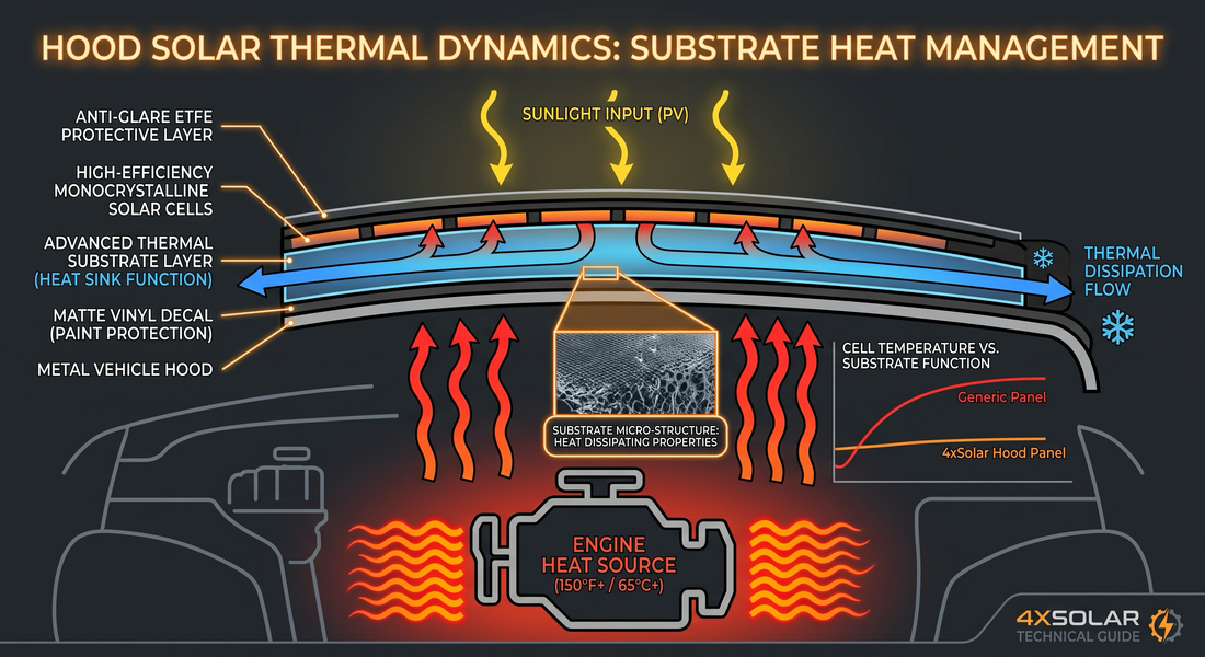 Diagram showing hood solar panel thermal dynamics and power output curve for off-road vehicles