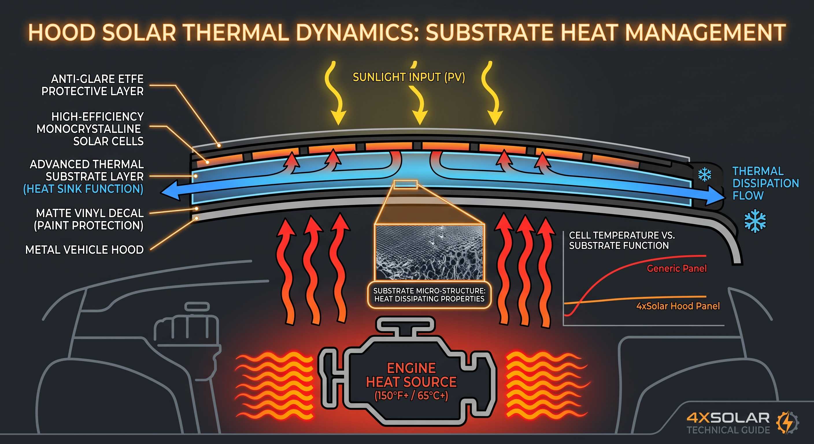 Diagram showing hood solar panel thermal dynamics and power output curve for off-road vehicles