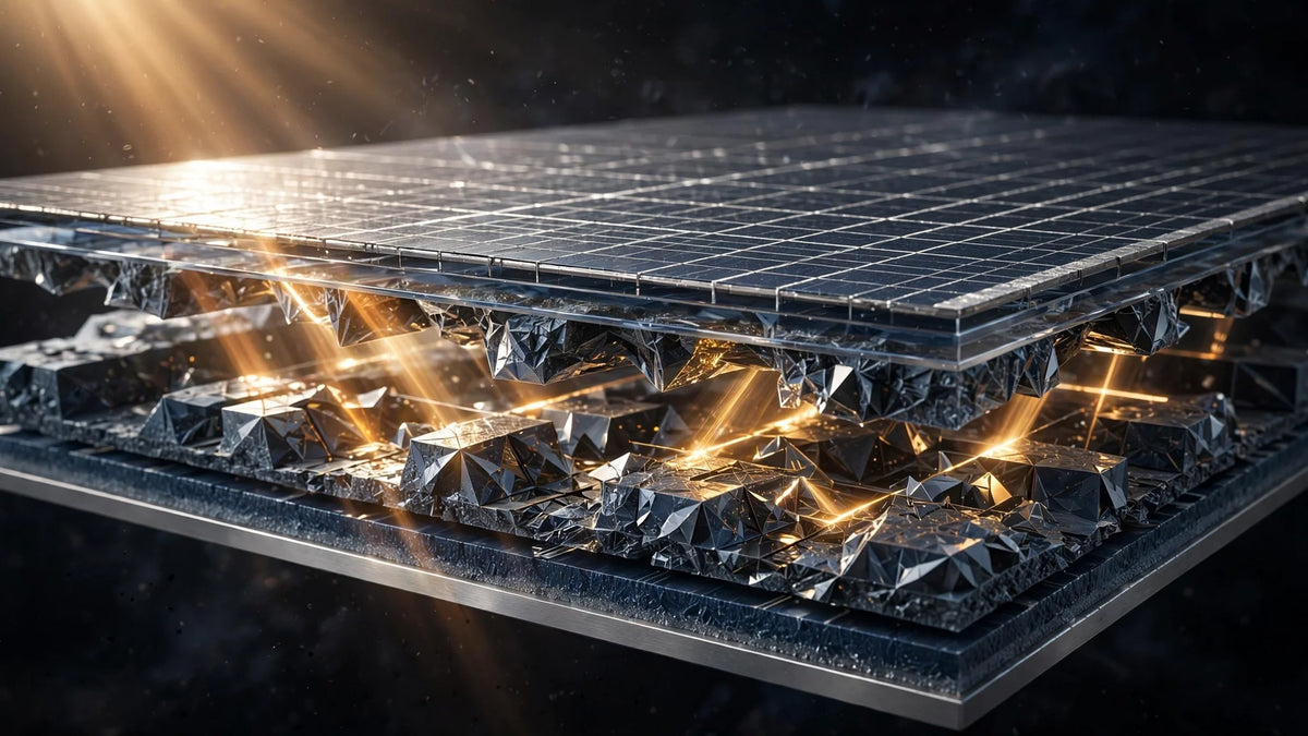 Macro 3D render of an advanced solar cell with sunlight trapped in its crystalline layers