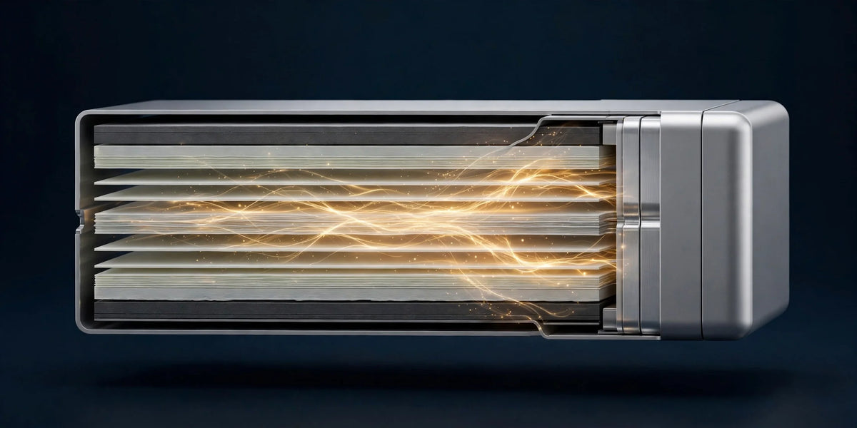 3D render of an all-solid-state battery cell cutaway showing layered solid electrolyte