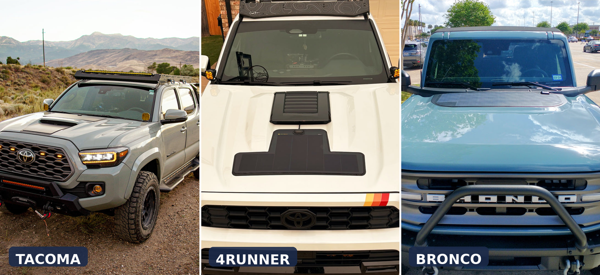 Tacoma, 4Runner, and Bronco with hood solar panels, side by side comparison