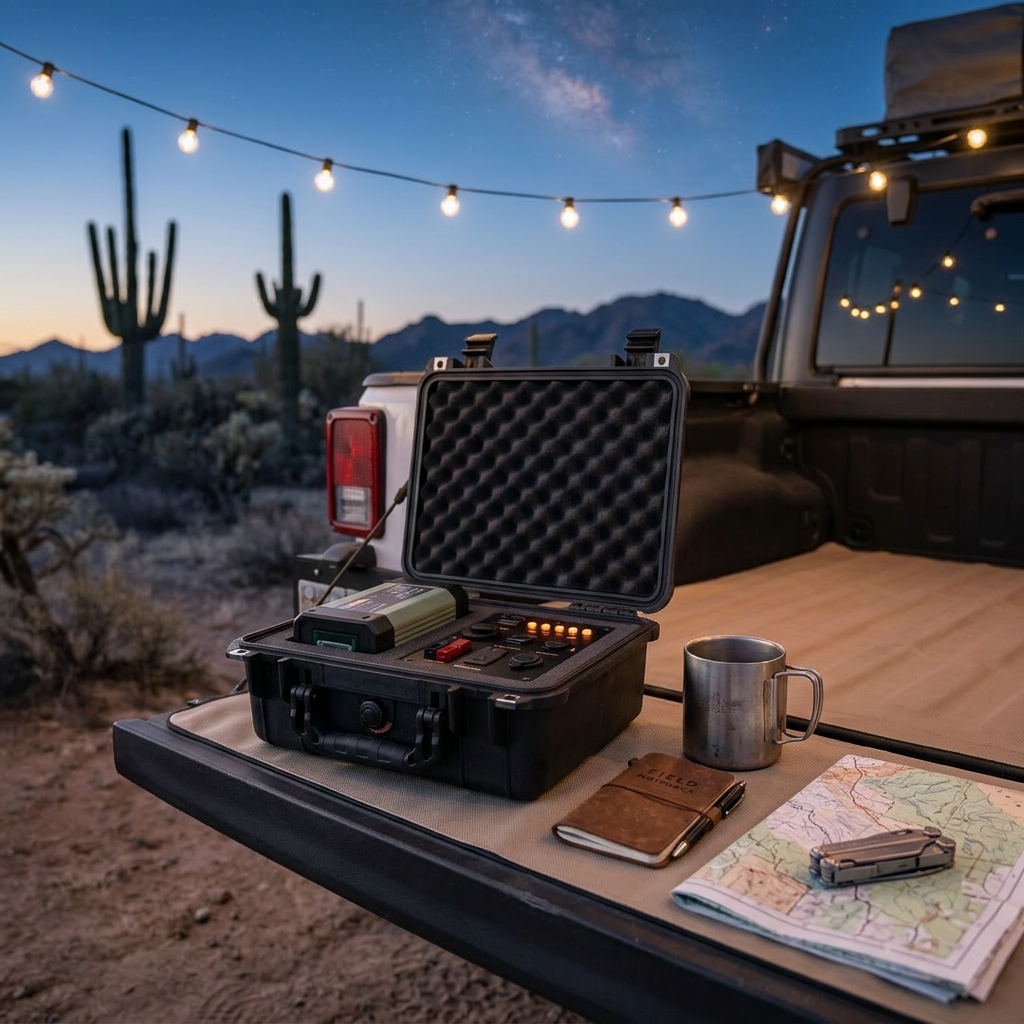 Twilight basecamp workstation on Jeep tailgate - Pelican-style hard case with LiFePO4 battery and 12V power panel, field notebook and topo map, Saguaros and Milky Way overhead