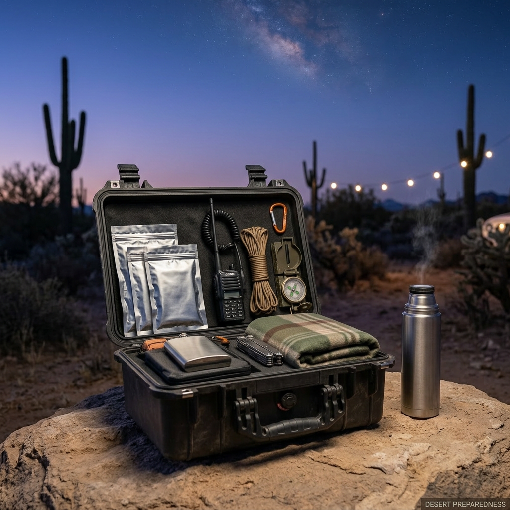 Desert preparedness gear flat-lay at twilight - Pelican case with Faraday bags, GMRS radio, paracord, multitool, compass, thermal blanket on rock outcropping under the Milky Way