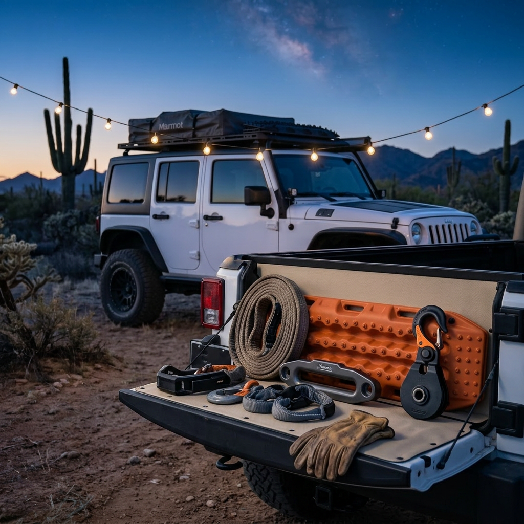 Recovery gear arranged on white Jeep JKU tailgate at twilight - recovery strap, orange traction boards, winch fairlead, soft shackles, leather work gloves, with Saguaros and Milky Way in background