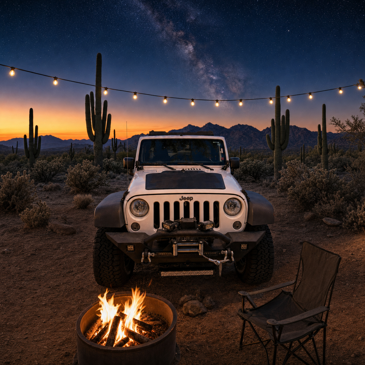 White Jeep JKU with hood-mounted flexible solar panel in the Sonoran Desert at twilight, Saguaros silhouetted against the Milky Way