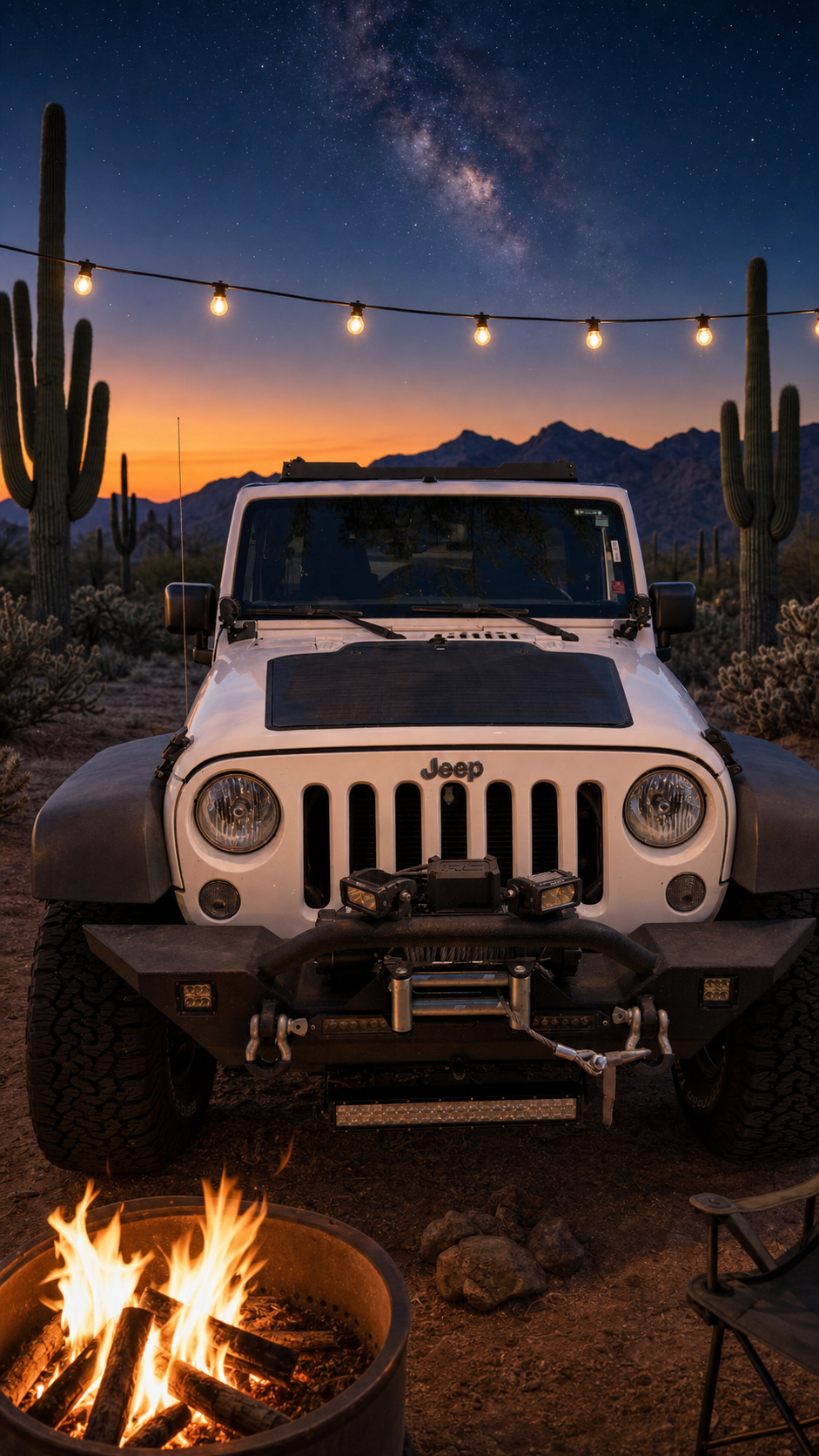 Overland Jeep with flexible solar panels mounted flush to the hardtop under the desert sun
