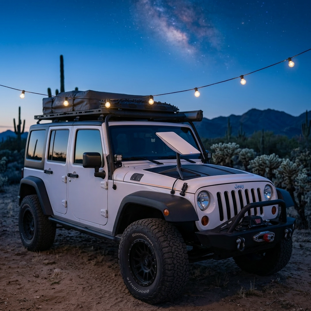 Starlink Mini antenna mounted on white Jeep JKU hood at twilight - clean install with cable seal, Saguaros and Milky Way overhead connecting earth gear to sky
