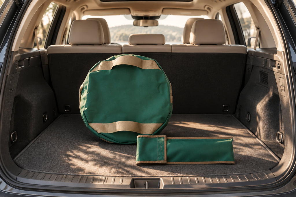 Green fabric with brown trim on a white background