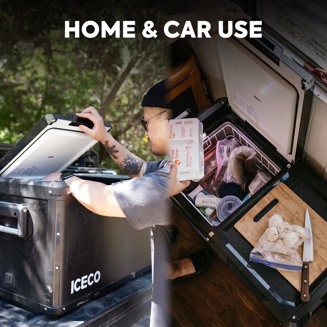 Person using a portable refrigerator with ICECO branding, outdoors.