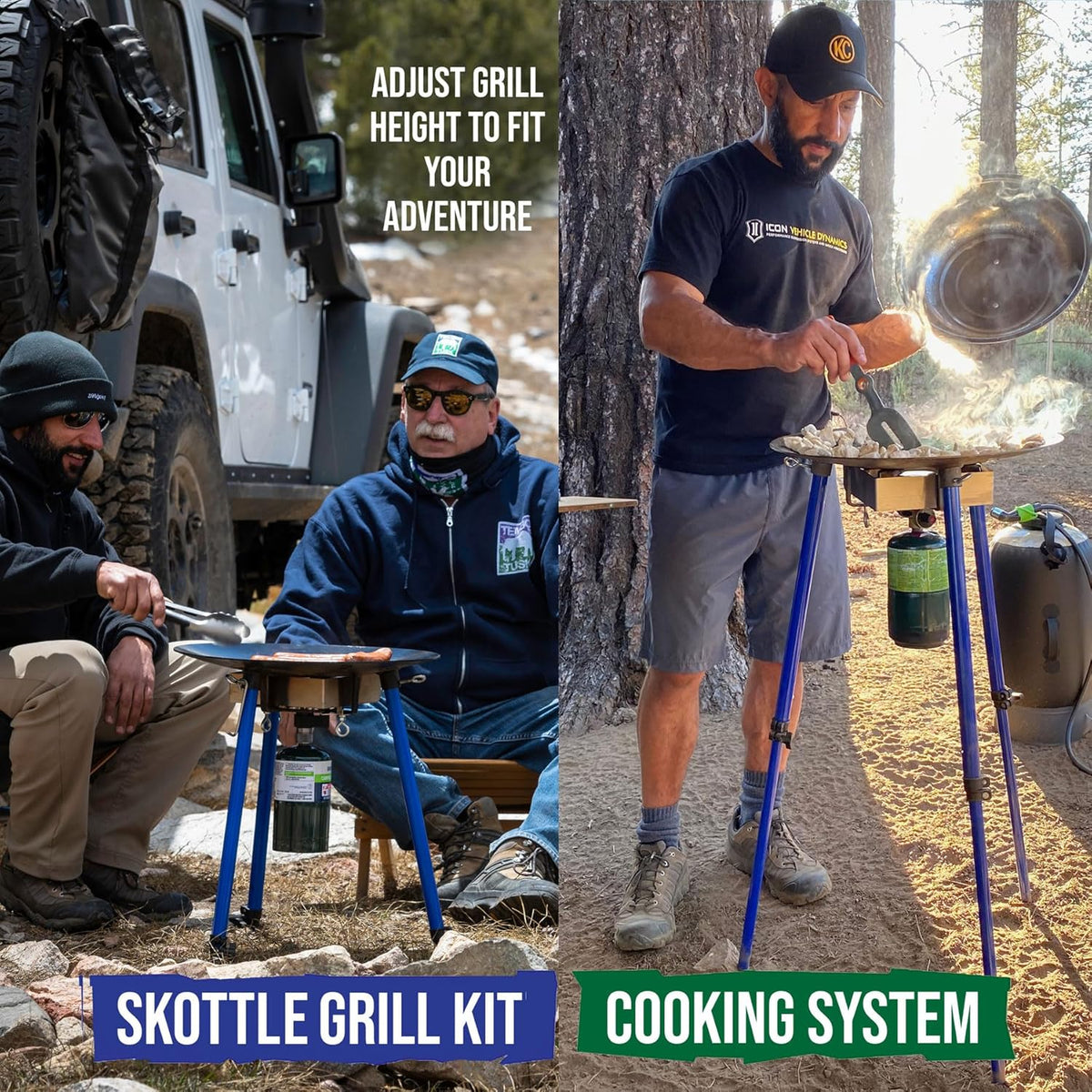 Two people using a Skottle Grill Kit in outdoor settings with text on grill height adjustment.