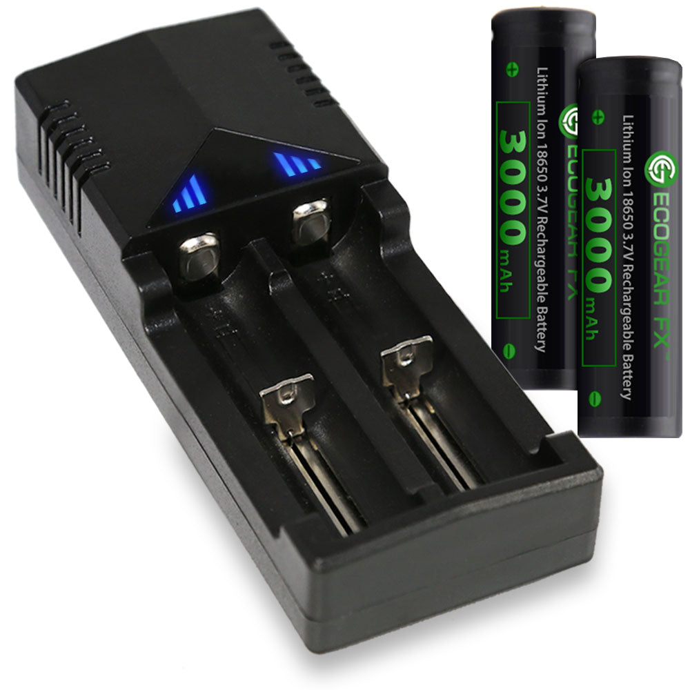18650 Button Top Batteries with Charger & Storage Case