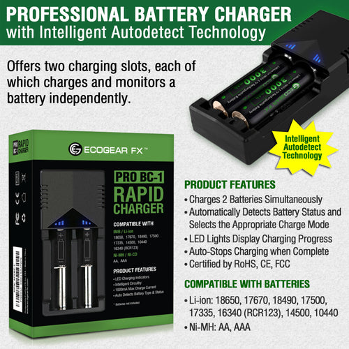 18650 Button Top Batteries with Charger & Storage Case