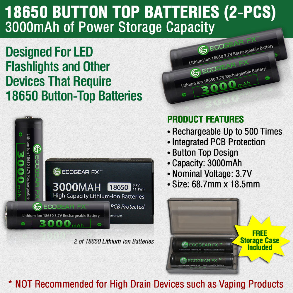 18650 Button Top Batteries with Charger & Storage Case